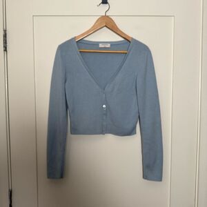 Babaton Cardigan Sweater Women Sz M Blue Knit Wool Blend Long Sleeve V Neck Crop